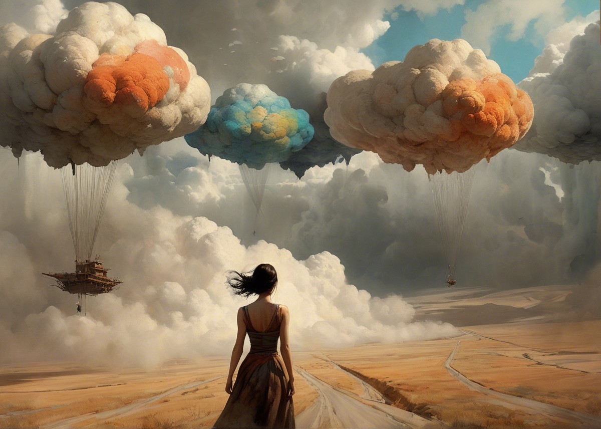 Solitary Figure in Barren Landscape with Colorful Clouds