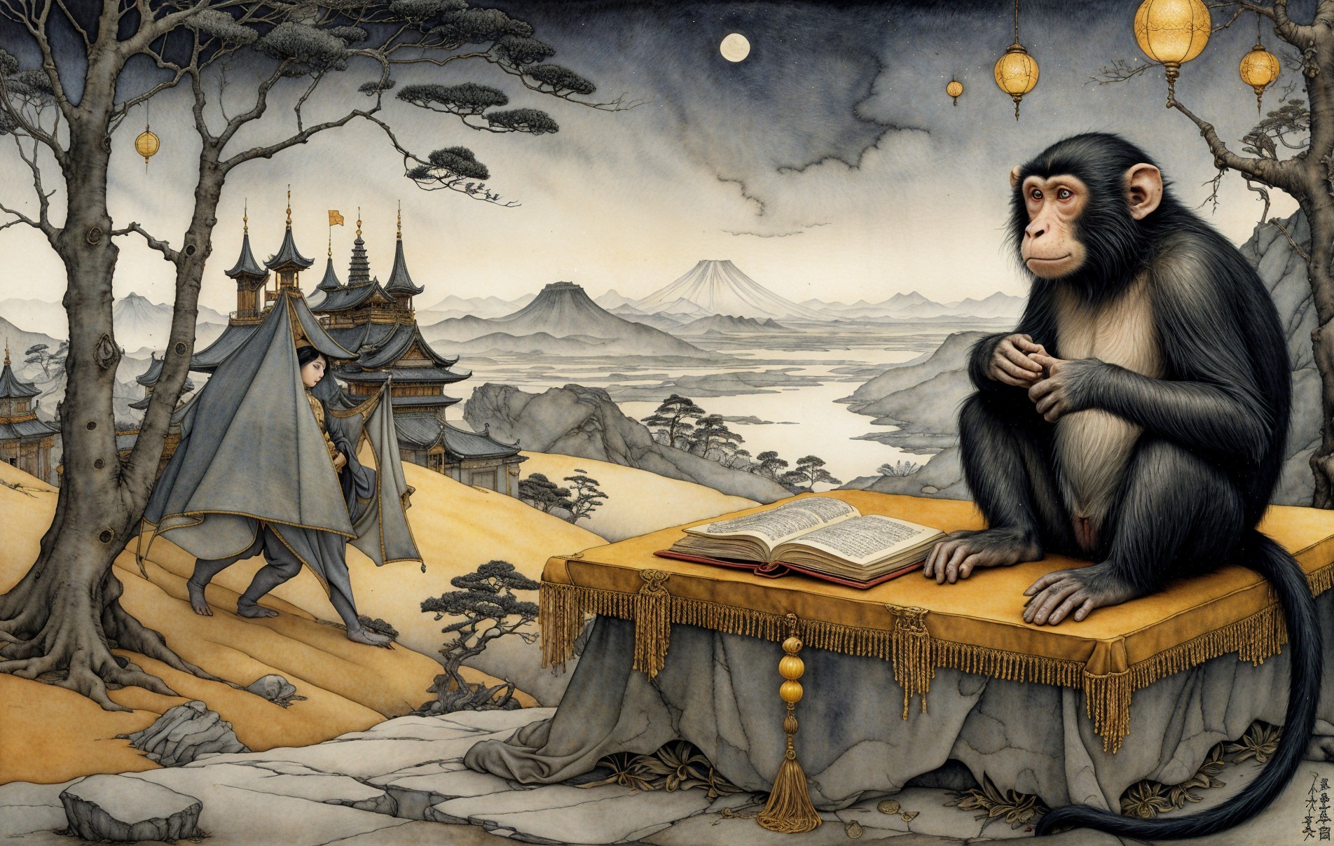 Moonlit Landscape with Monkey and Traditional Elements
