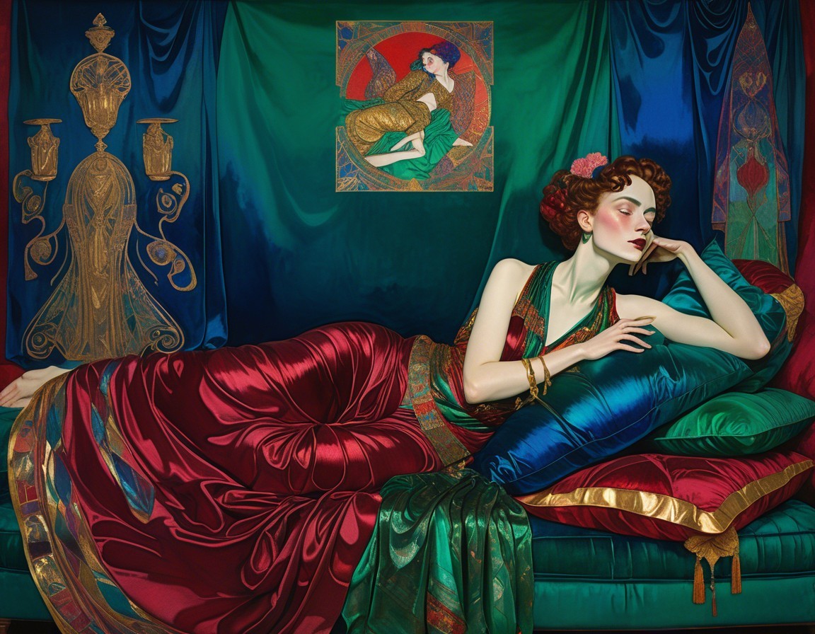 Elegant woman in vibrant gown on ornate couch