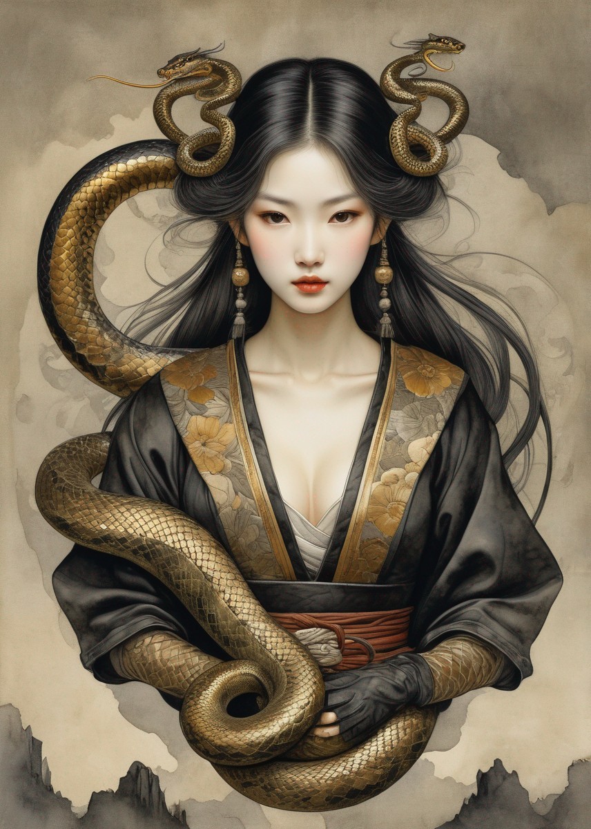 Mystical Woman in Traditional Attire with Serpent