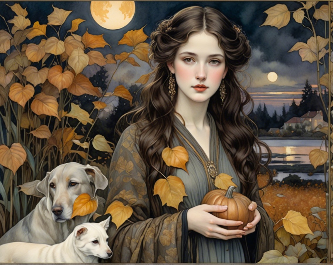 Young woman with dogs in autumn landscape scene