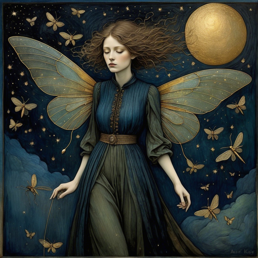 Serene Figure with Butterfly Wings in Starry Night
