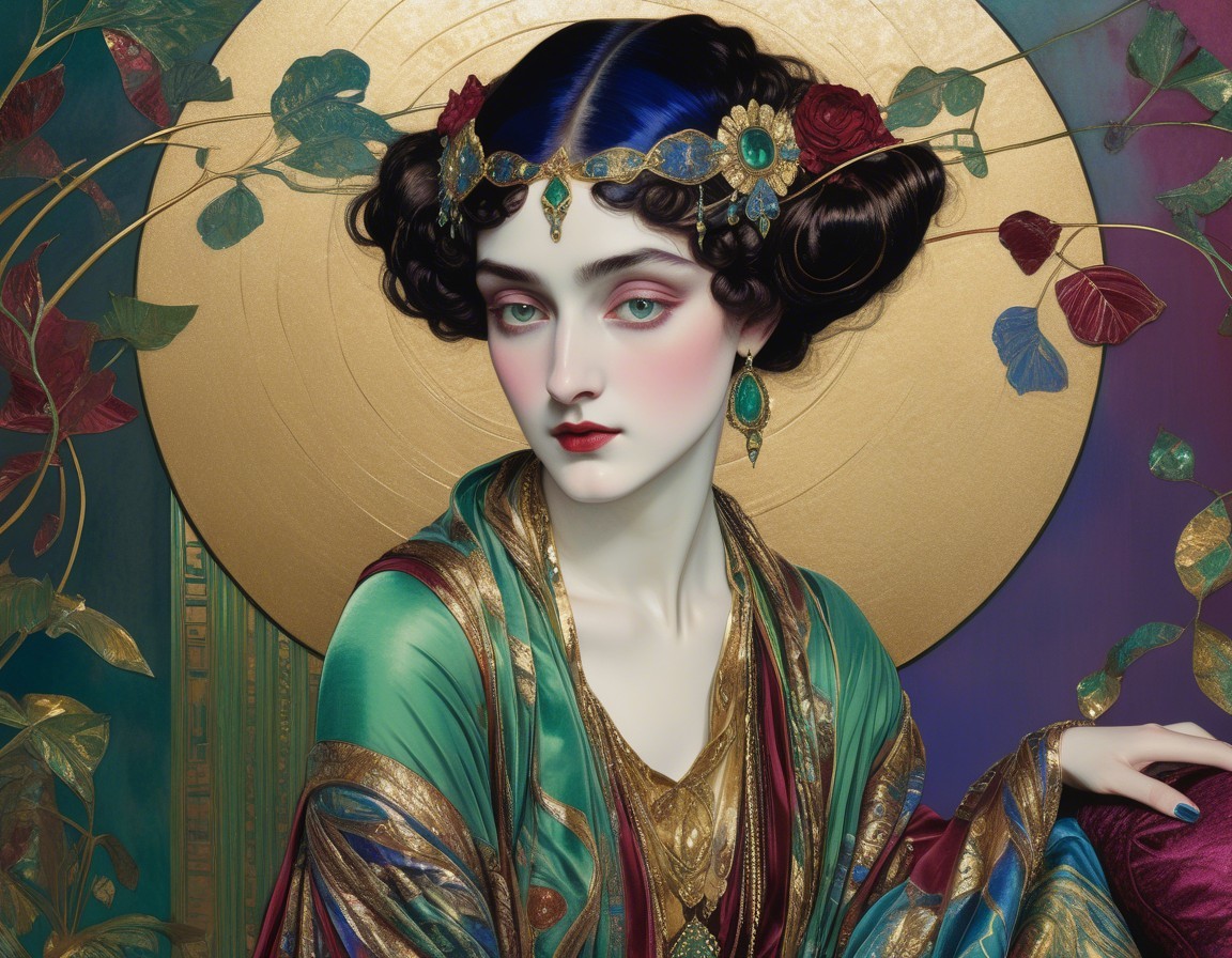 Regal woman in emerald robes with floral accents