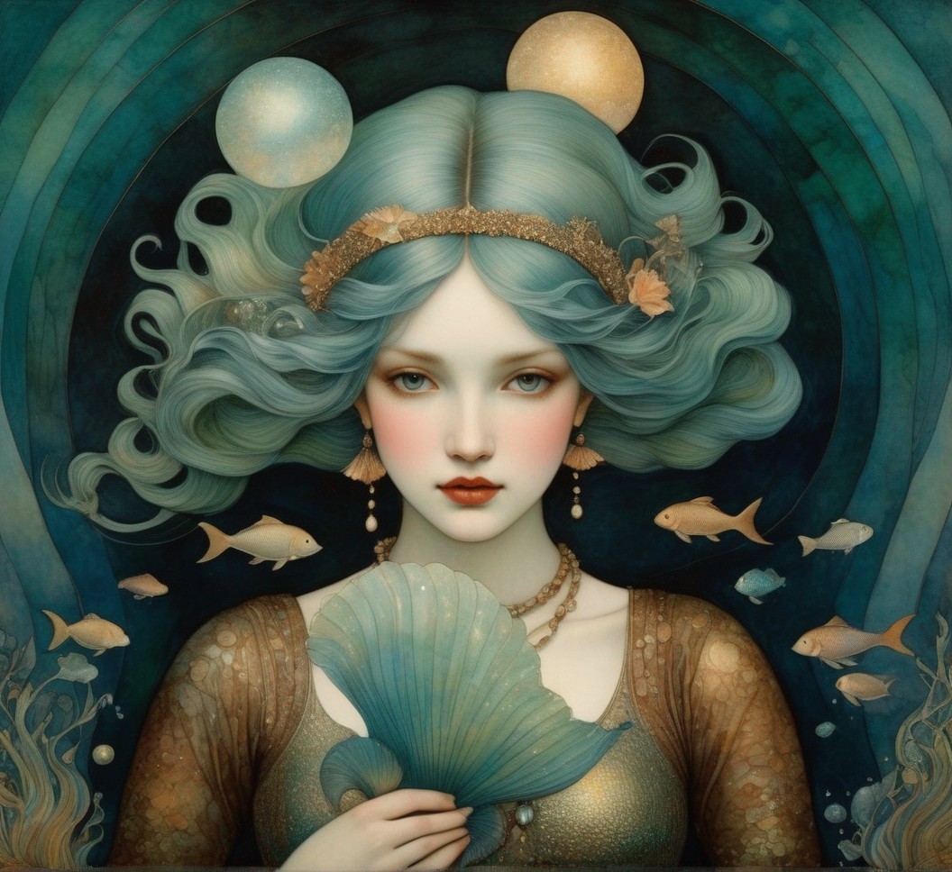Surreal portrait of woman with blue hair, orbs, fish, and wavy patterns