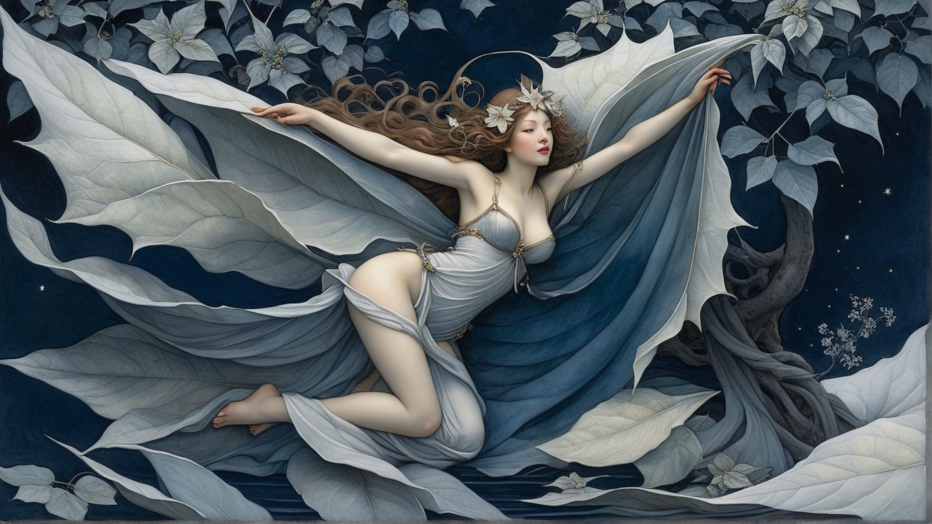 Ethereal figure in flowing leaf garments in twilight scene