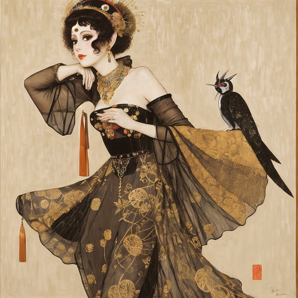 Elegant Woman in Black Gown with Black Bird Companion