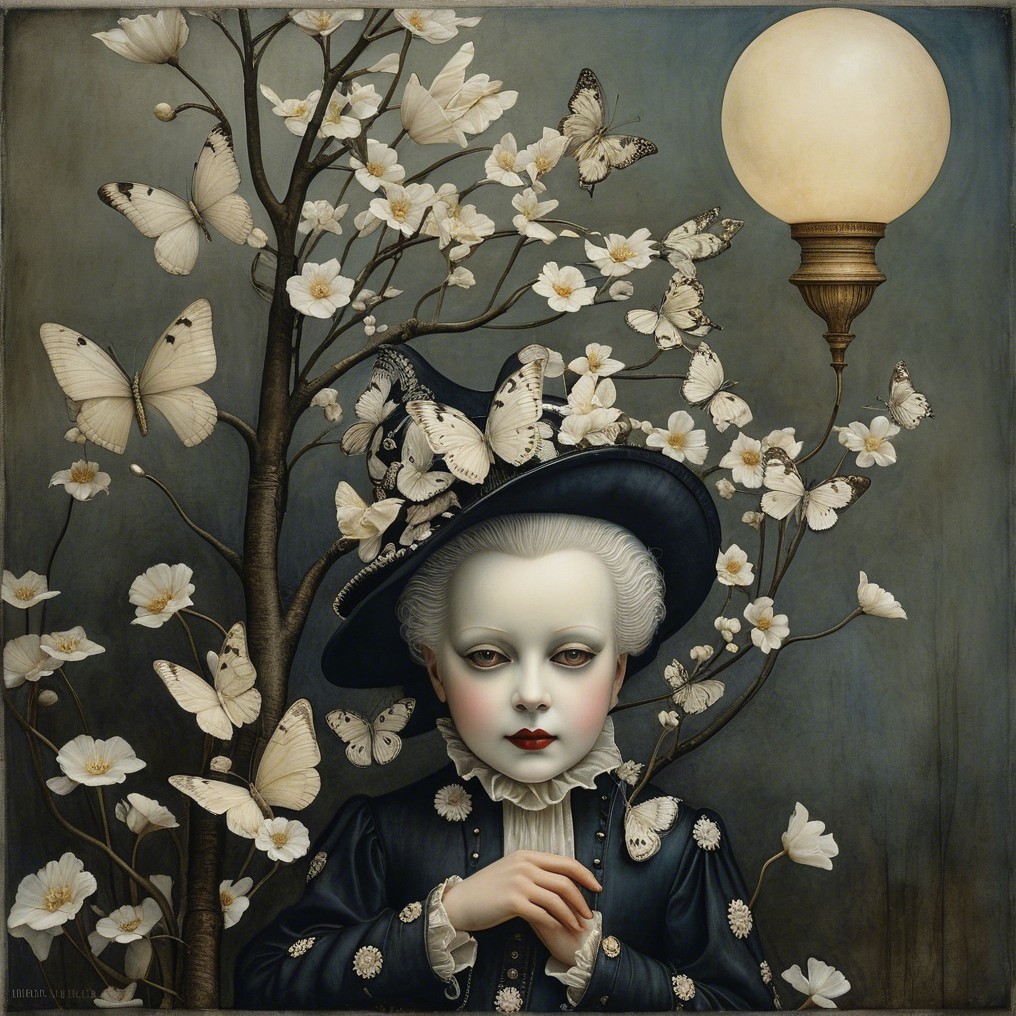 Pale-faced Child Surrounded by Flowers and Butterflies