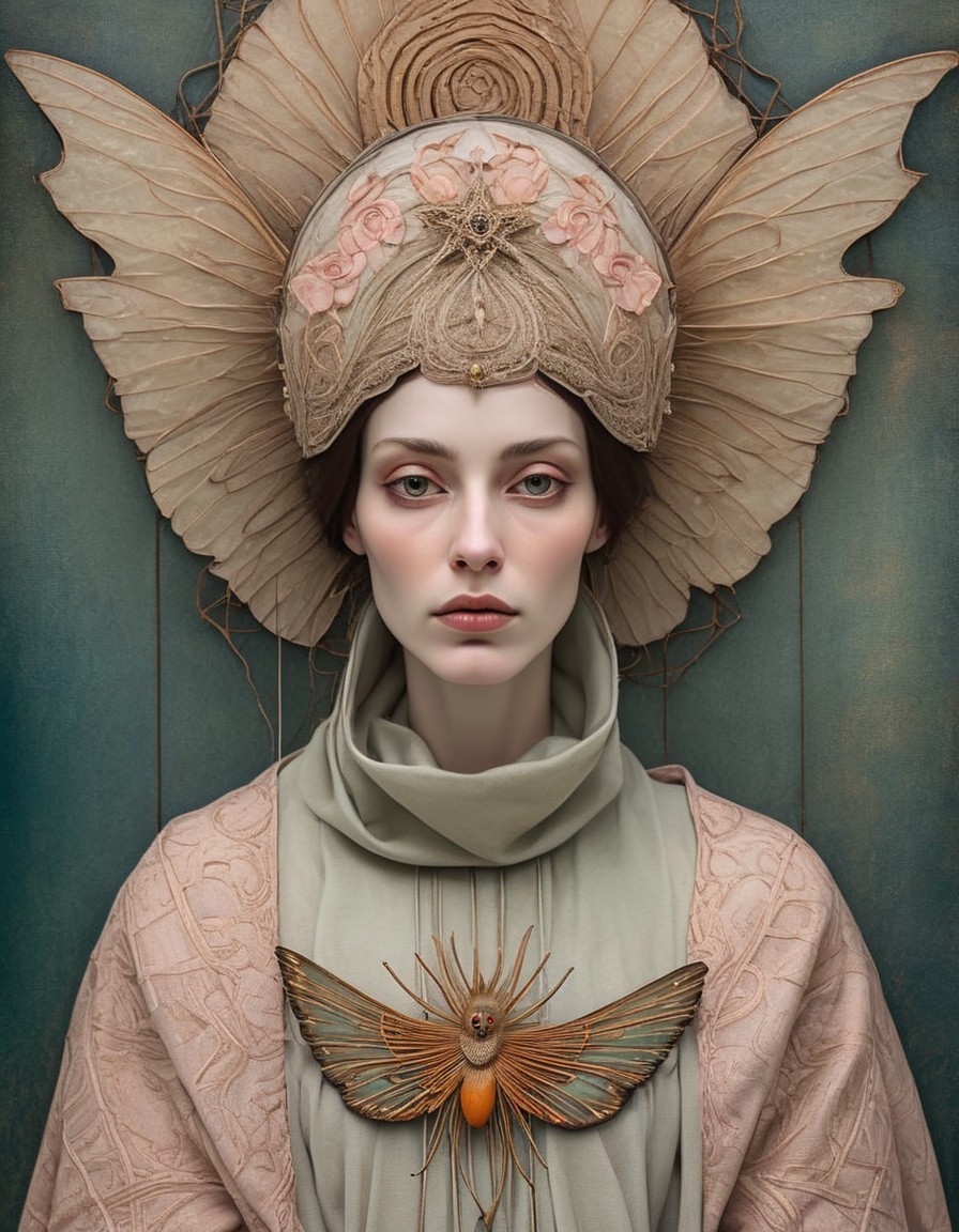 Fair-skinned person with ornate headpiece on teal background with moth brooch