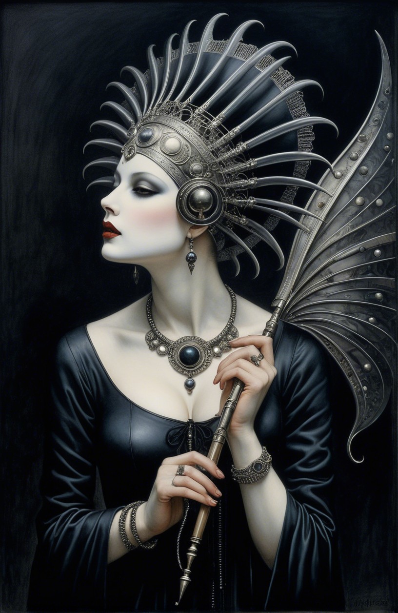 Elegant Woman in Black Gown with Silver Jewelry