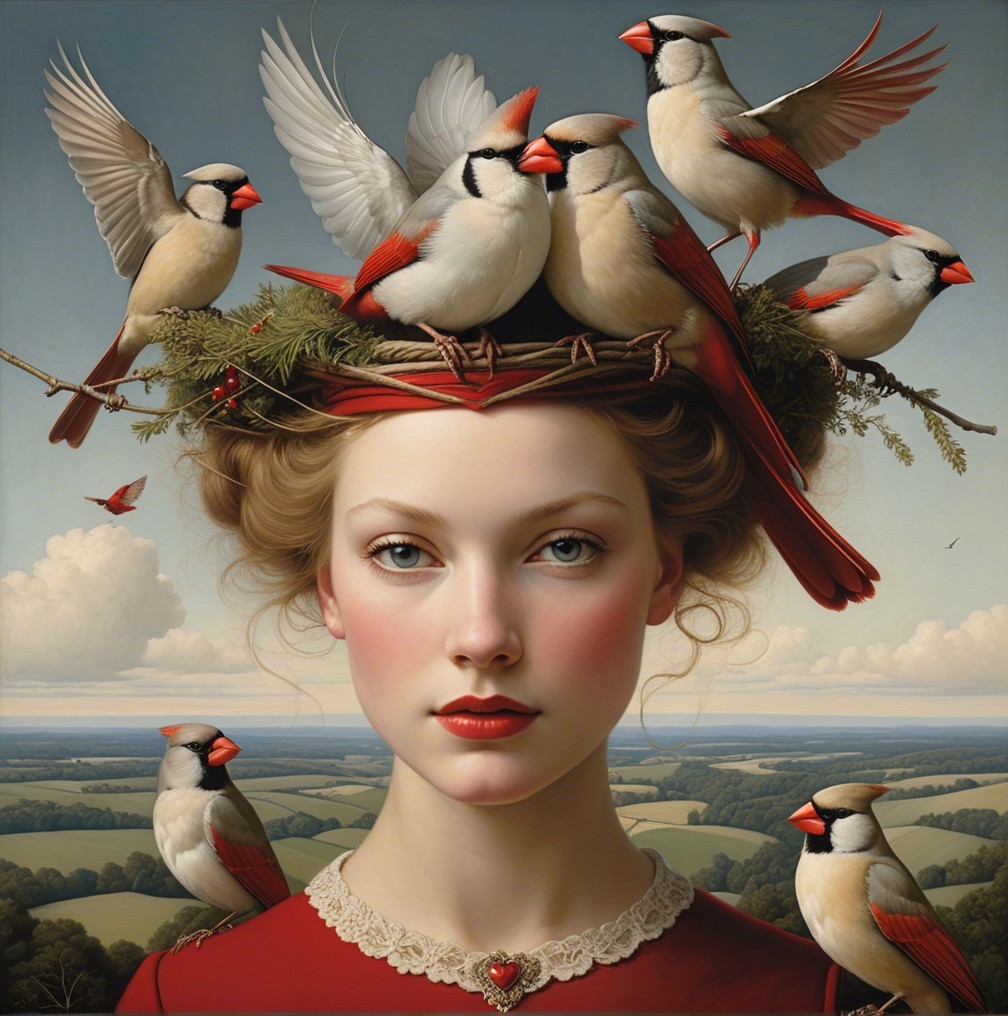 Serene Woman with Birds in Tranquil Landscape