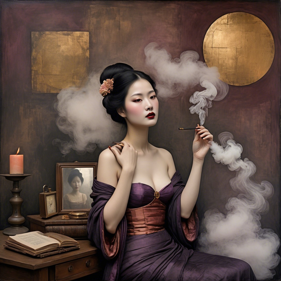 Young Asian woman in dark room with cigarette holder