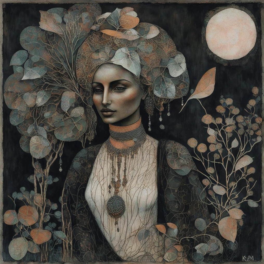 Mystical Woman Surrounded by Stylized Foliage and Moon