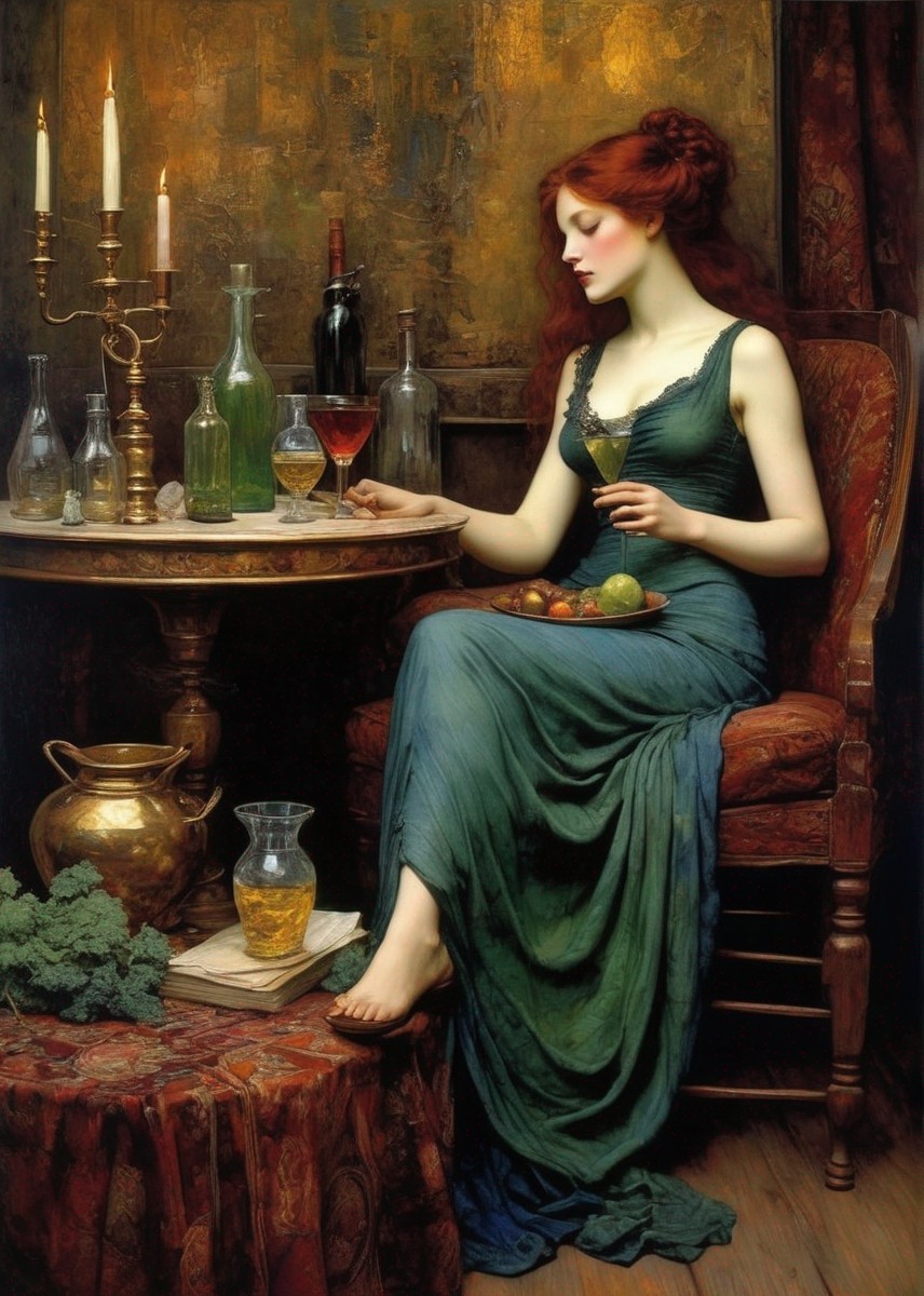 Red-haired woman in vintage chair with green dress, wine, and candles