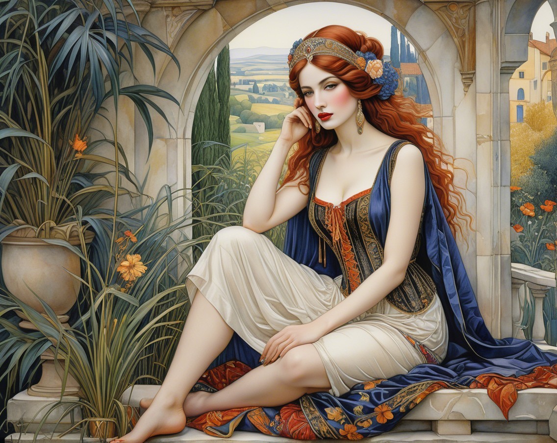 Woman in Garden with Stone Arches and Vibrant Flowers