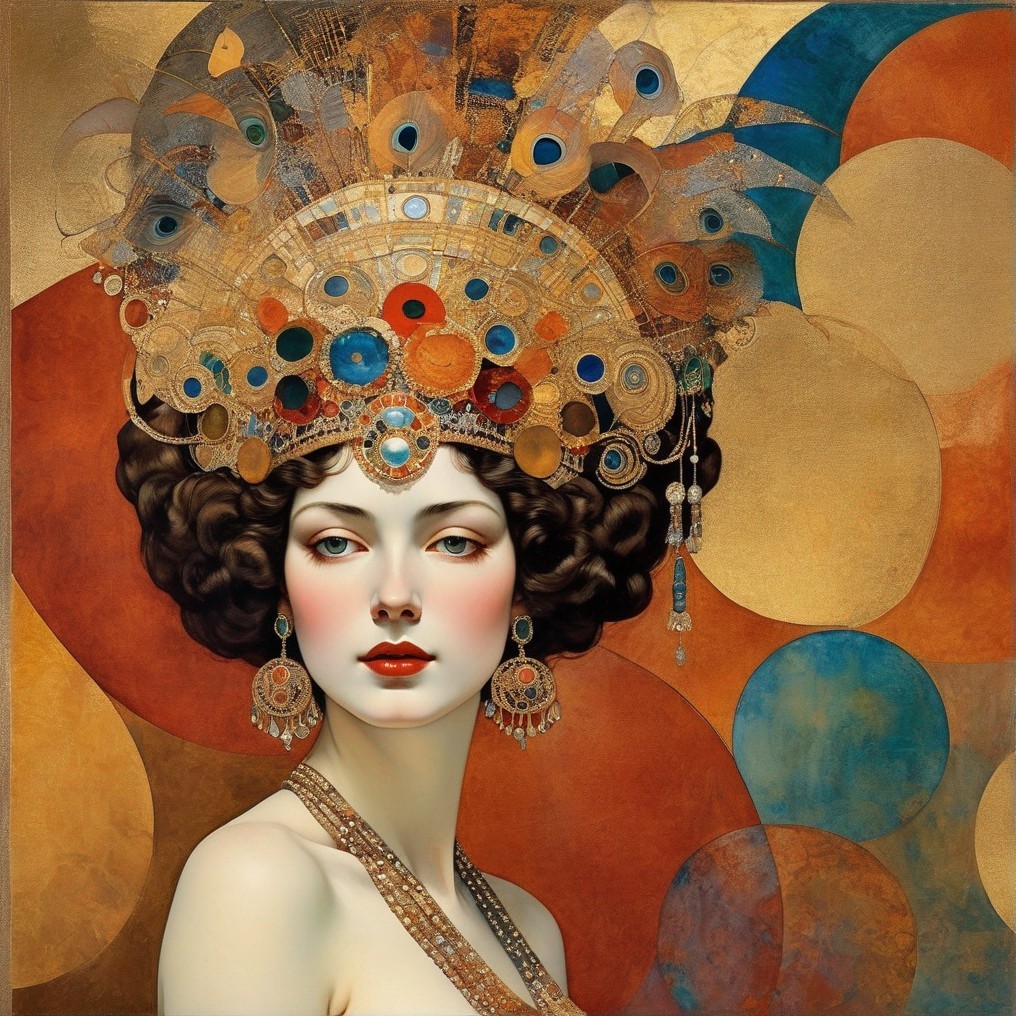 Portrait of woman with peacock feather headdress and ornate jewelry on colorful circle background