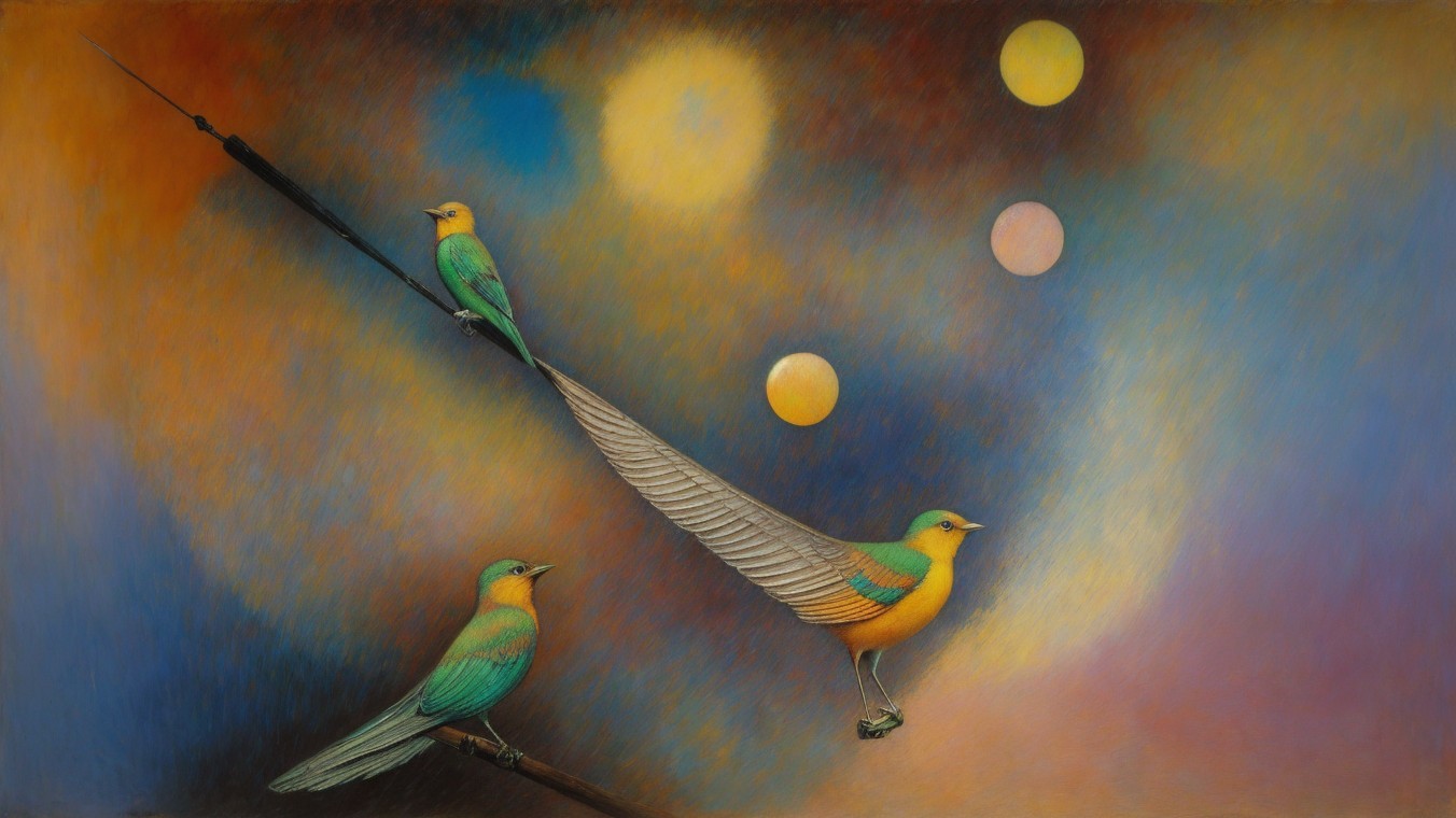 Vibrant Birds on Feather with Colorful Background