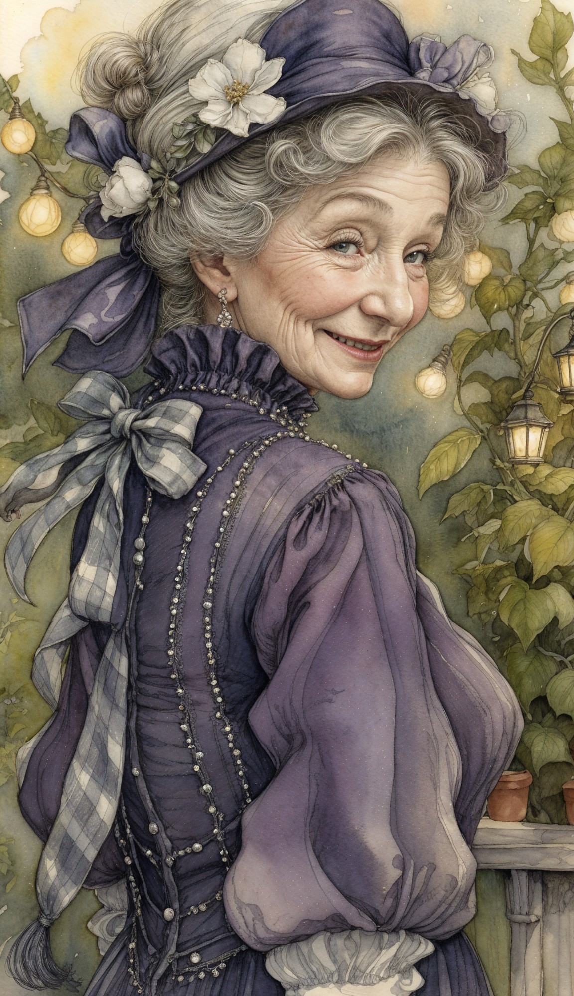 Charming Elderly Woman in Elegant Purple Dress