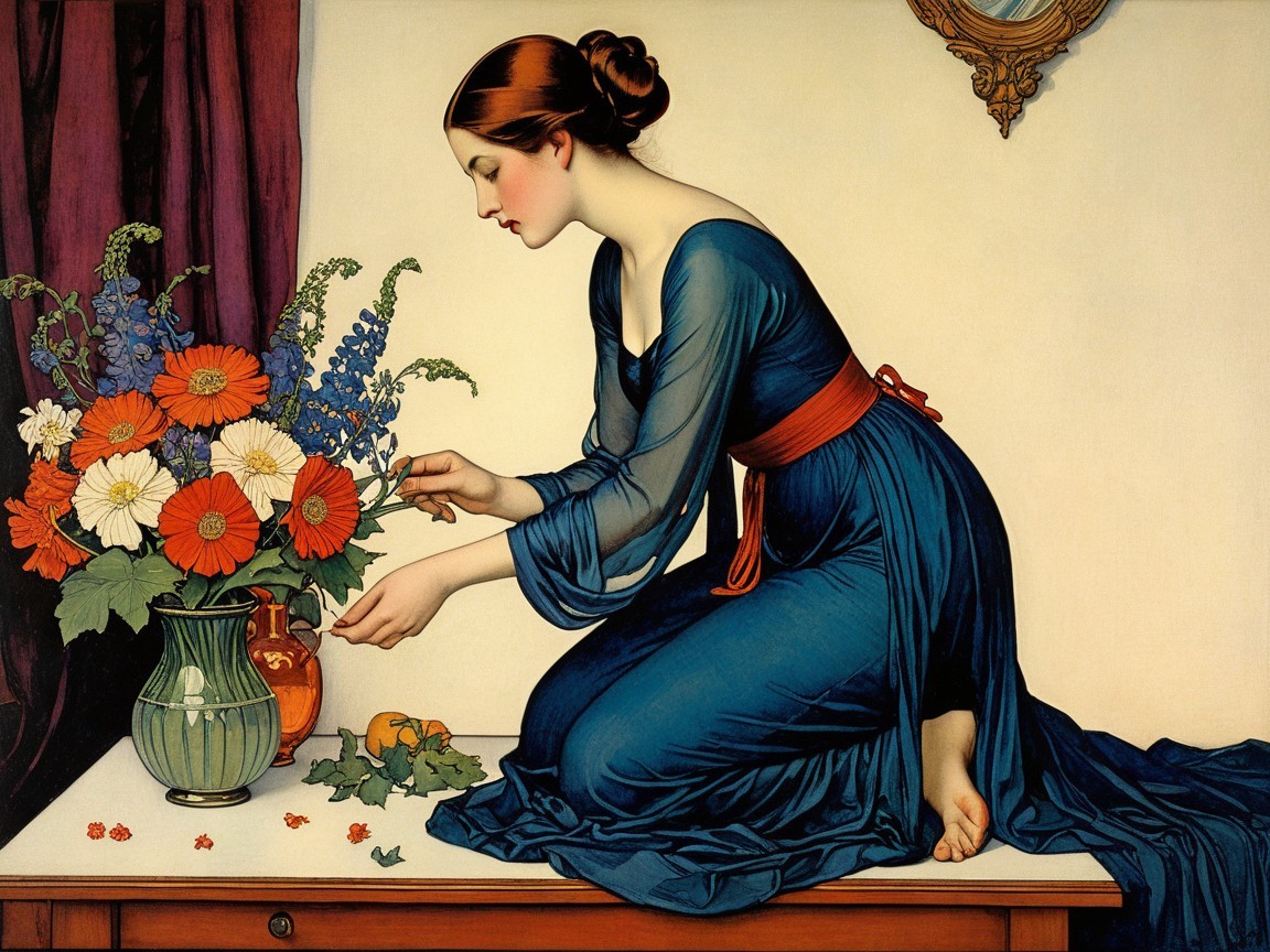 Young Woman Arranging Flowers in Blue Dress
