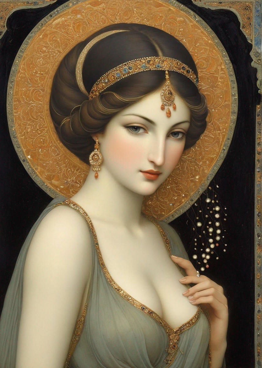 Detailed Portrait of a Woman in Sheer Gown and Halo
