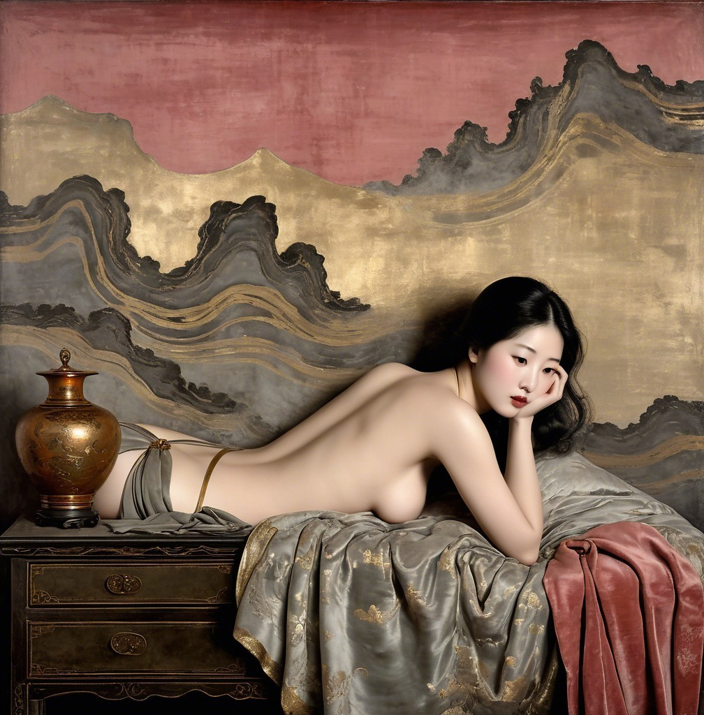 Elegant Figure Against Flowing Mountains and Rich Colors