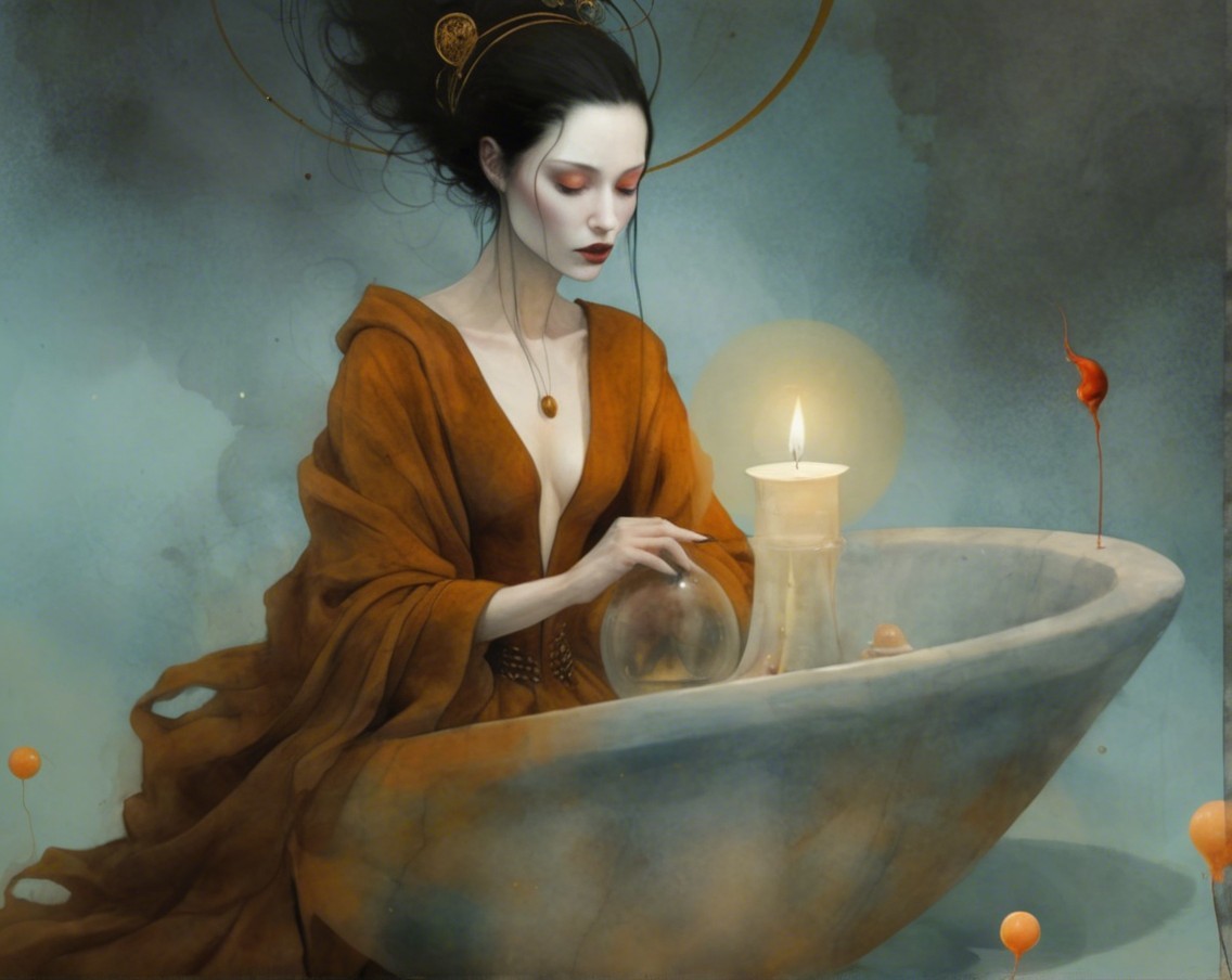 Serene woman in orange robe with glass orb and candle