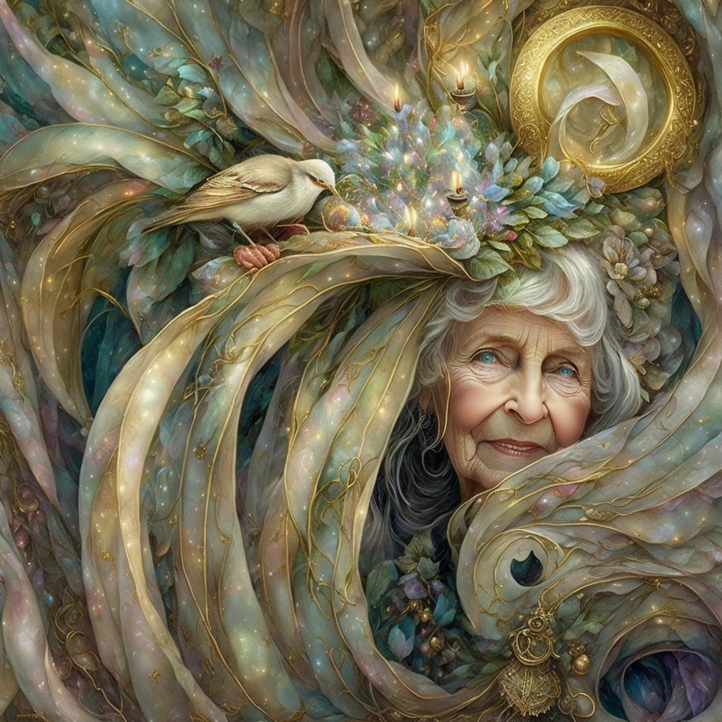 Elderly Woman Surrounded by Nature and Ornate Swirls