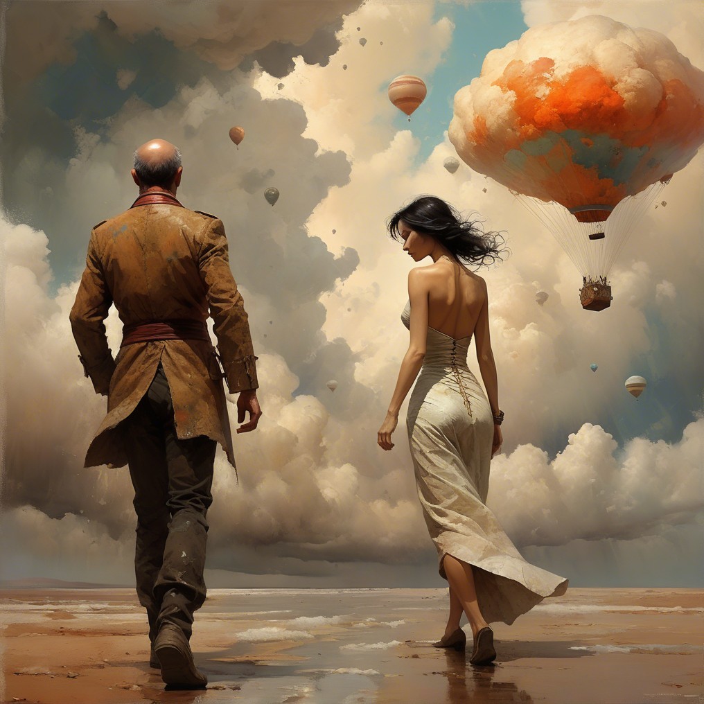 Surreal Landscape with Vintage Attire and Hot Air Balloons