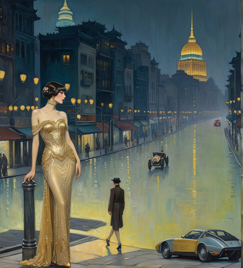 Glamorous Evening with Art Deco Architecture and Vintage Car