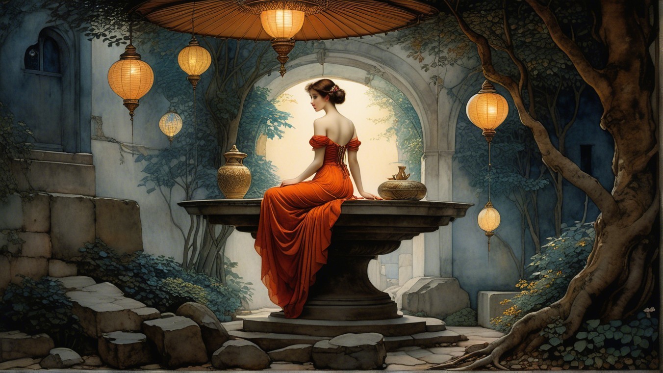Woman in Red Dress by Stone Fountain in Enchanting Setting
