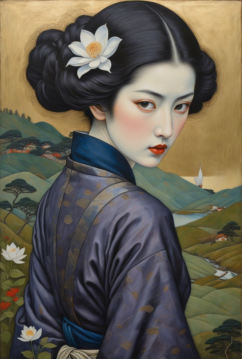 Woman in Traditional Attire with Lotus Flower and Landscape