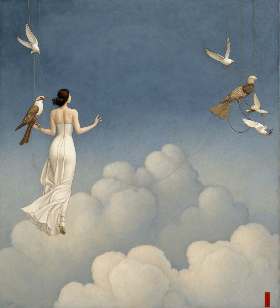Woman in White Dress Surrounded by Clouds and Birds