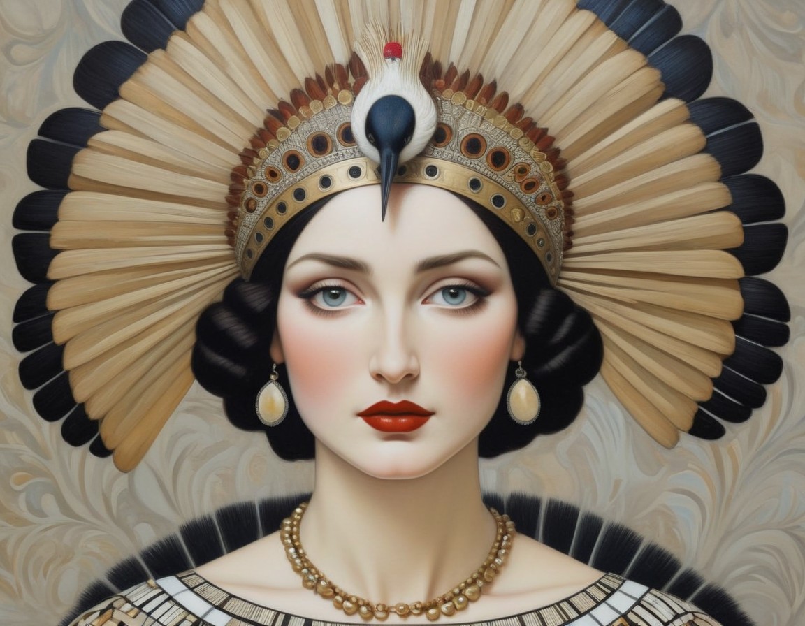 Woman with elegant makeup and intricate gold headdress and pearl accessories.