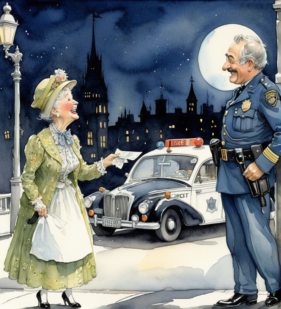 Whimsical Night Scene with Elderly Lady and Officer