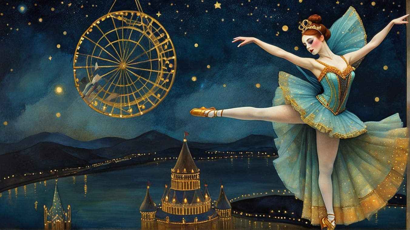 Ballerina in Turquoise Tutu Against Starry Night Sky