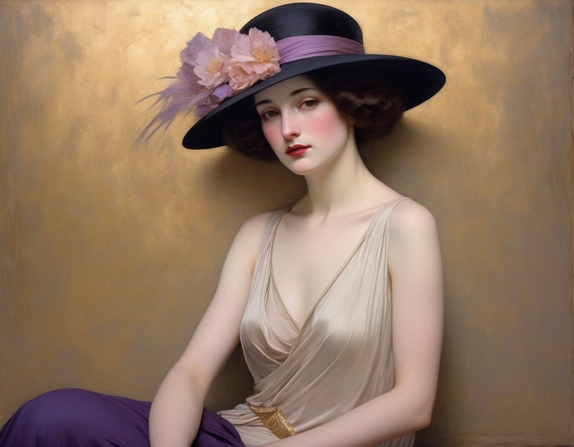 Portrait of a woman in a black hat with flowers