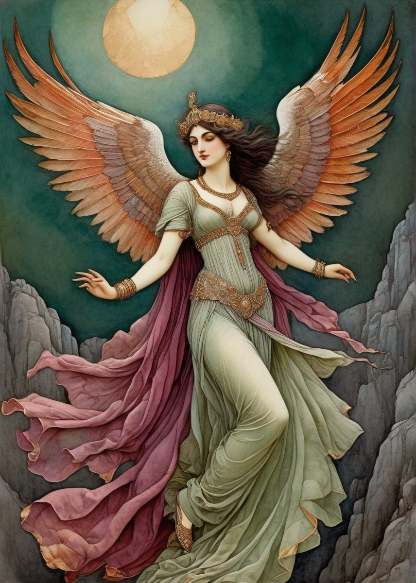 Angelic Figure with Brown Wings on a Cliff