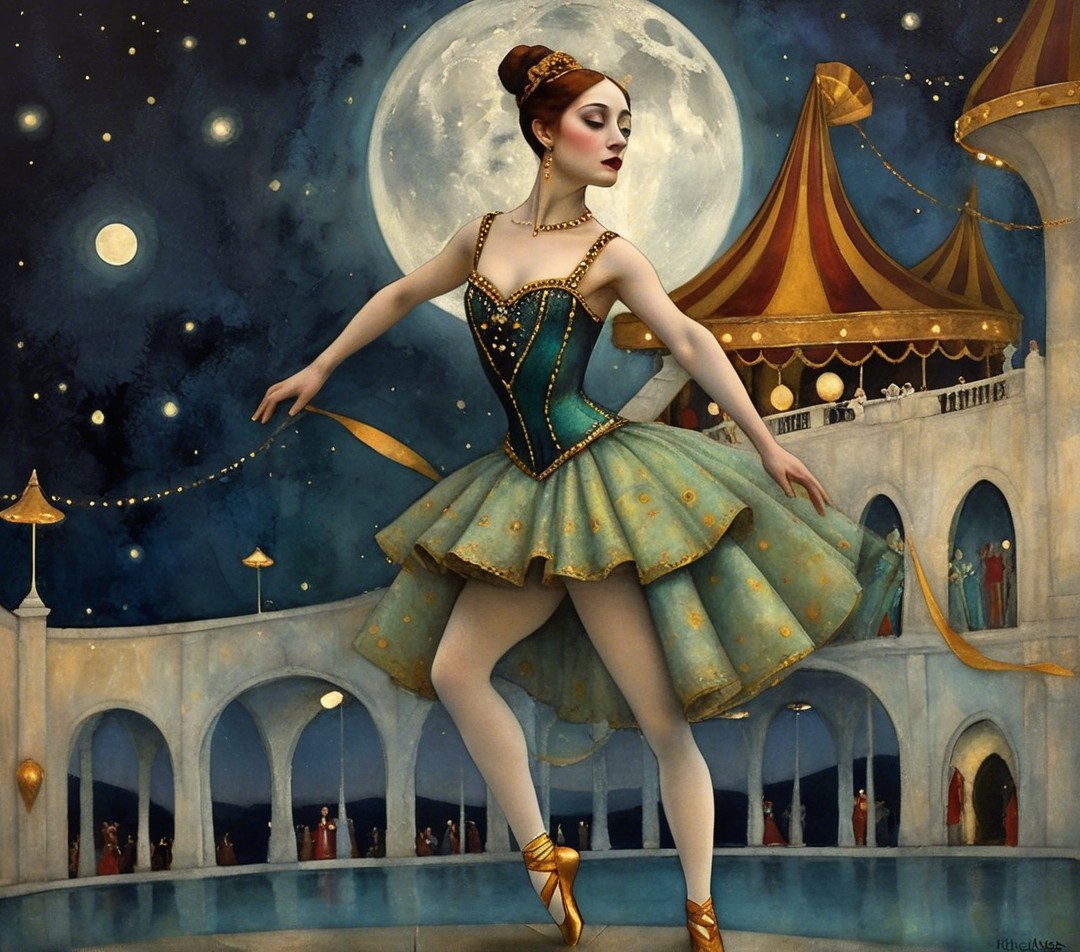 Ballerina in Teal Tutu Against Moonlit Backdrop