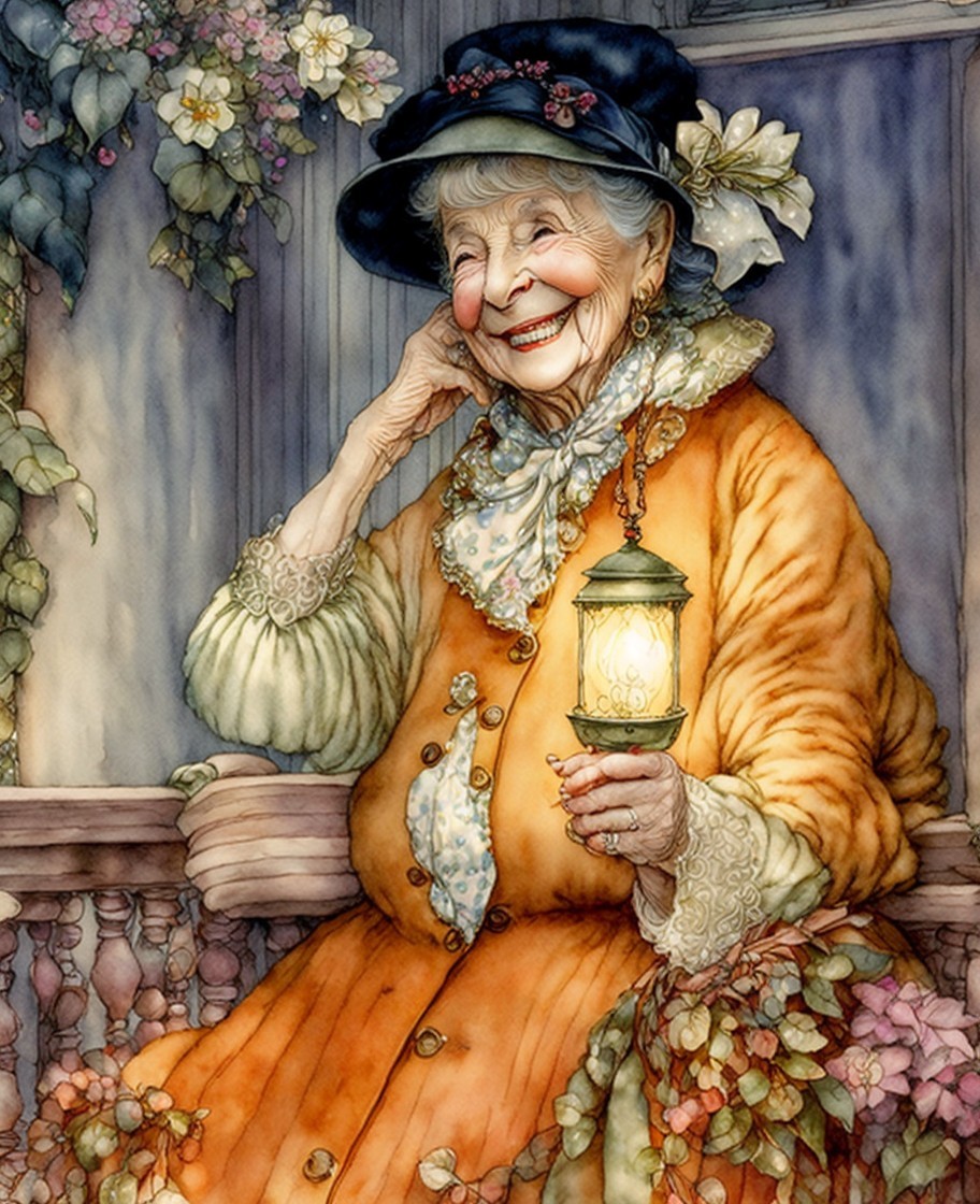 Elderly Woman in Orange Coat on a Flowered Porch