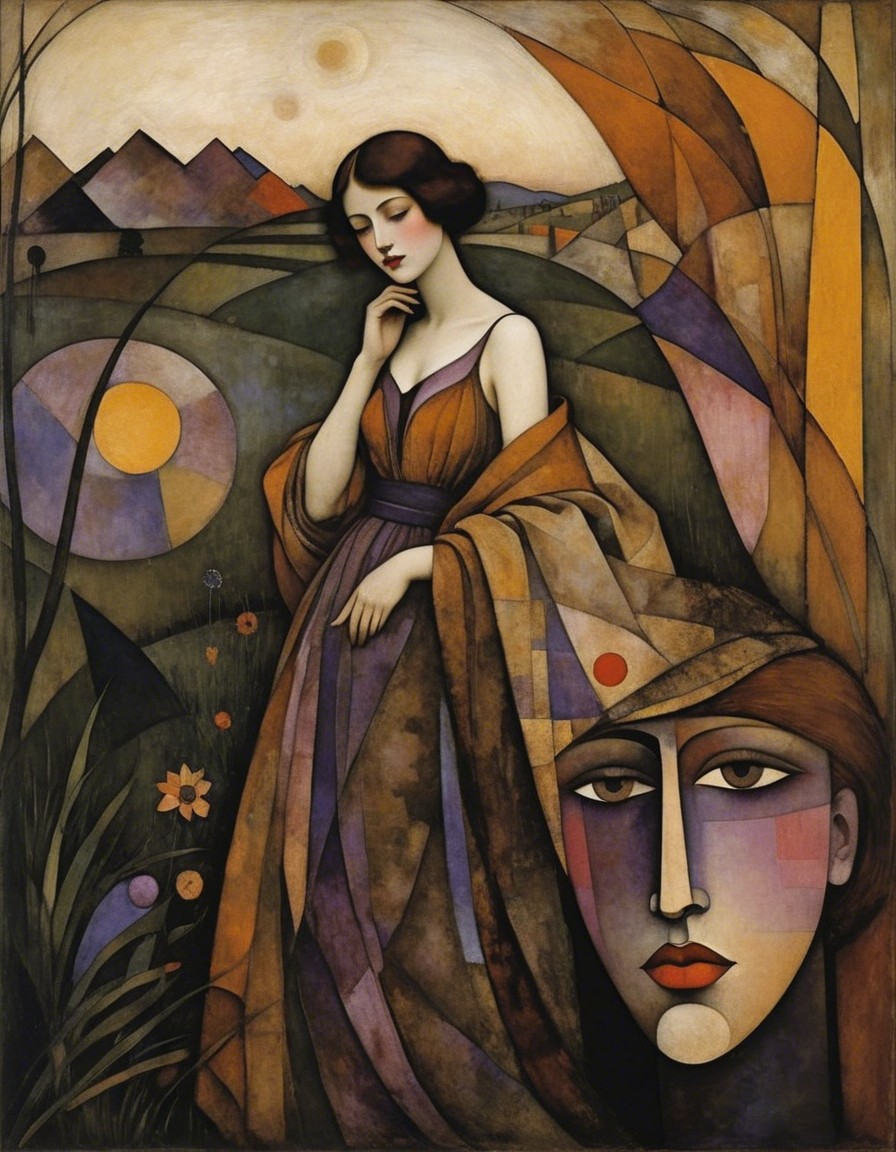 Woman in Flowing Dress Amidst Stylized Landscapes