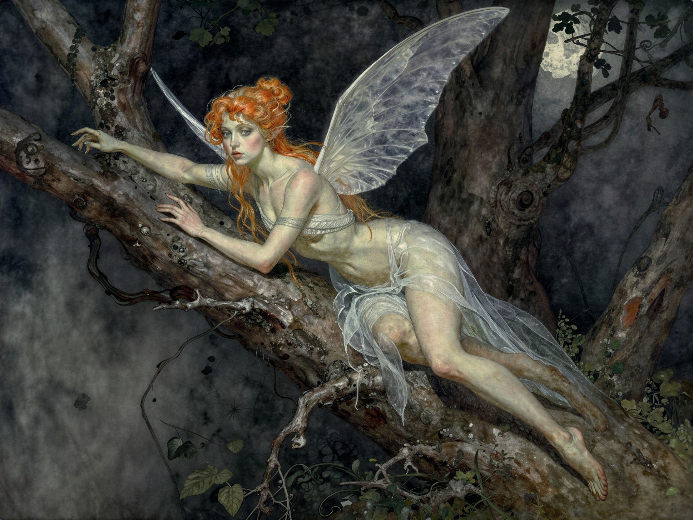 Fairy Woman on Tree Branch in Nighttime Oil Painting