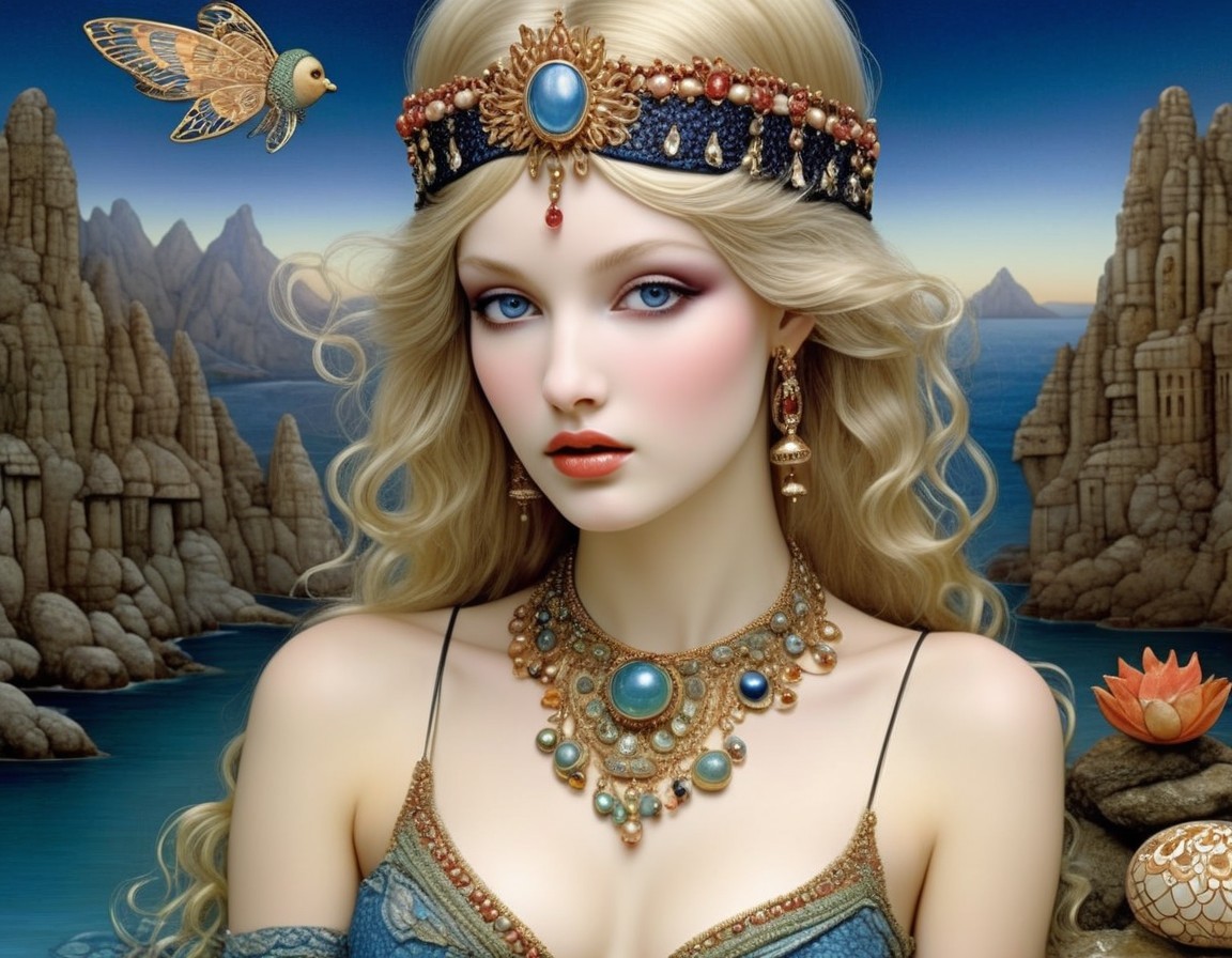 Fantasy Scene of an Ethereal Woman in a Serene Landscape