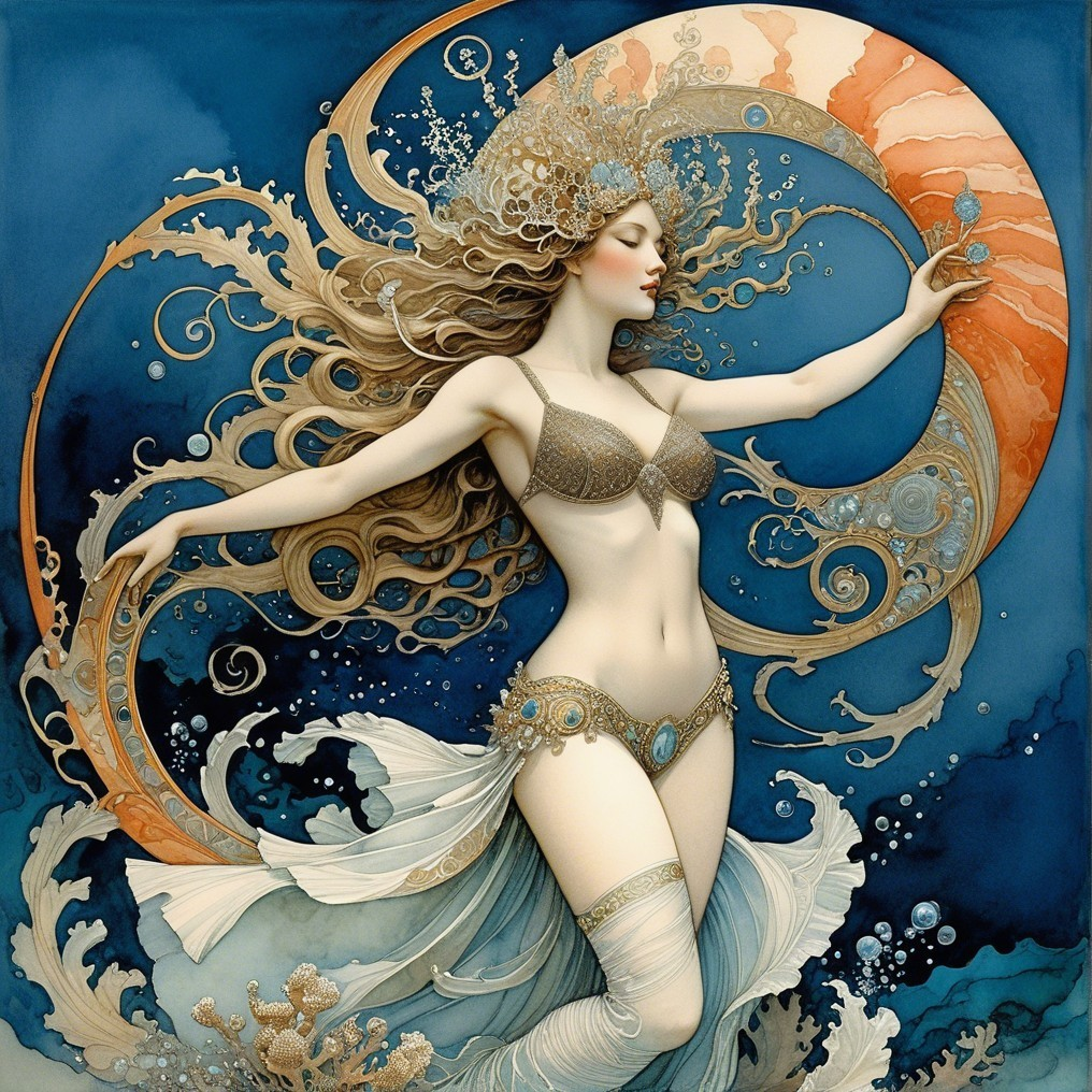 Mermaid Swimming in Vibrant, Swirling Waters