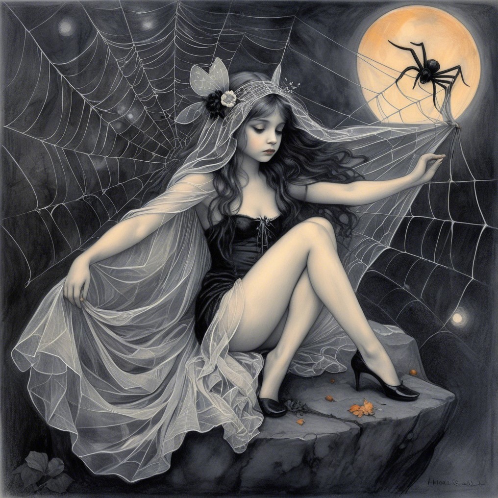 Mysterious Figure in Black Dress Under Luminous Moon