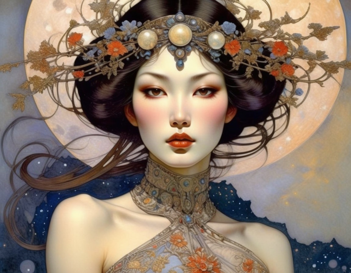 Illustrated Ethereal Female Figure with Floral Motif
