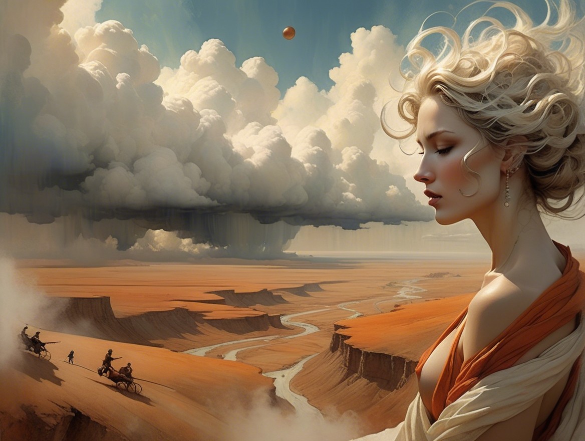 Woman Contemplating Desert Landscape with Cliffs and Rivers