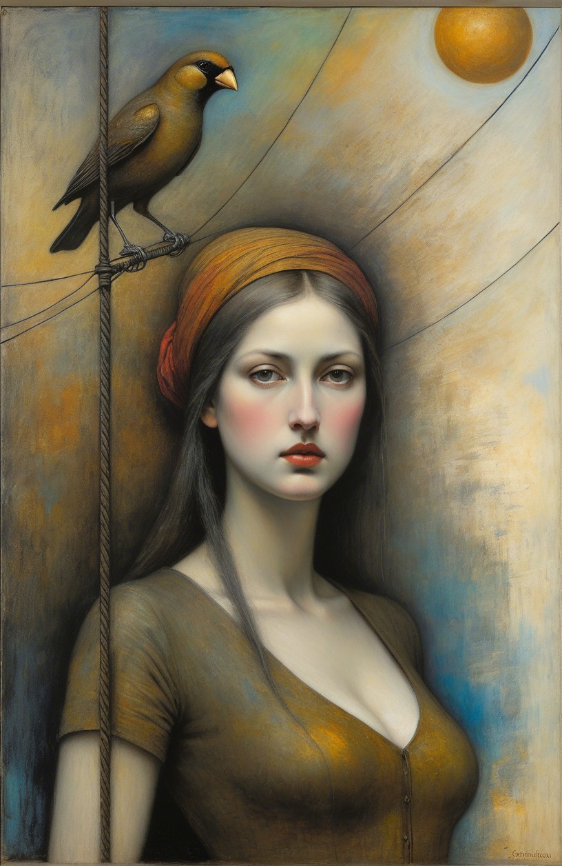 Portrait of a Young Woman with Blackbird and Sunlight