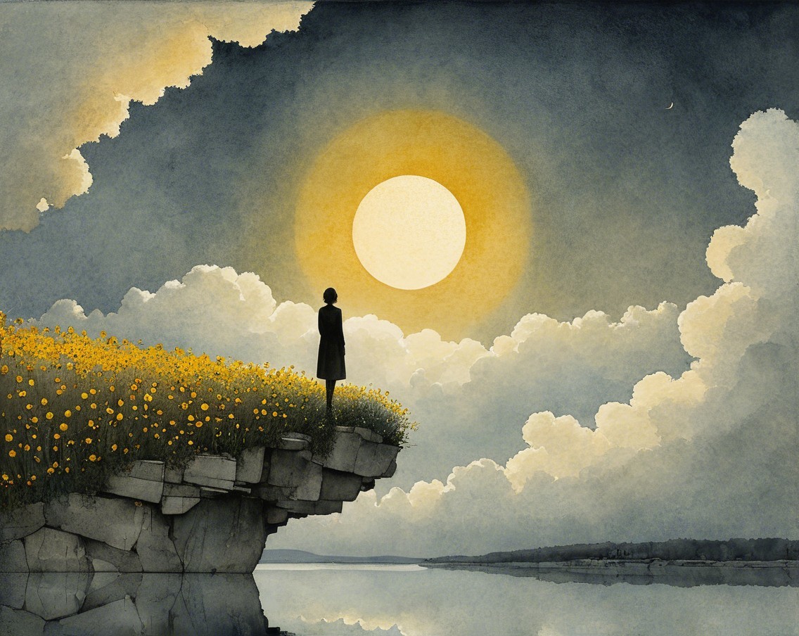 Solitary Figure Overlooking Lake at Sunrise