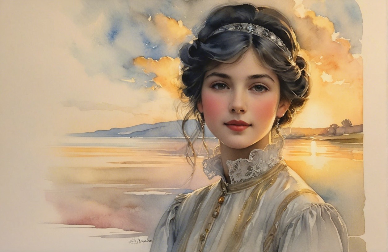 Young girl in vintage outfit against sunset backdrop