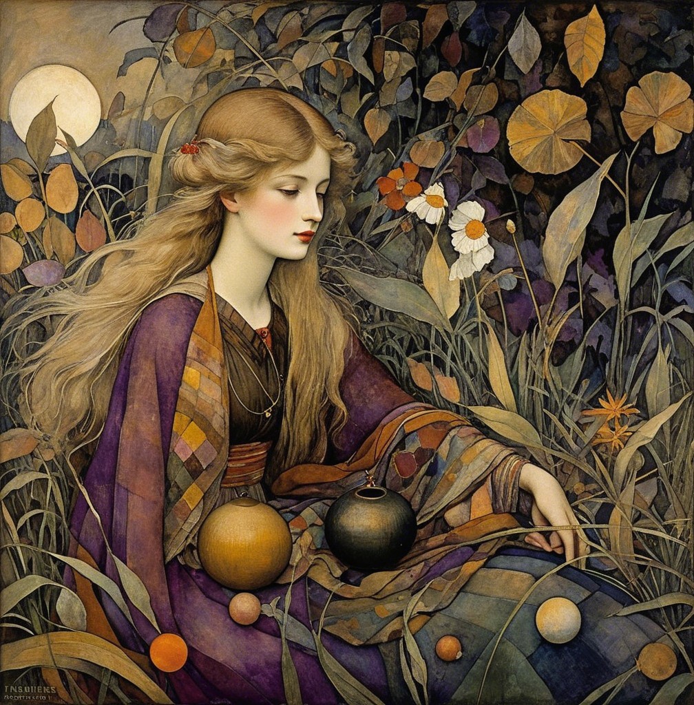 Serene maiden in golden light among lush foliage
