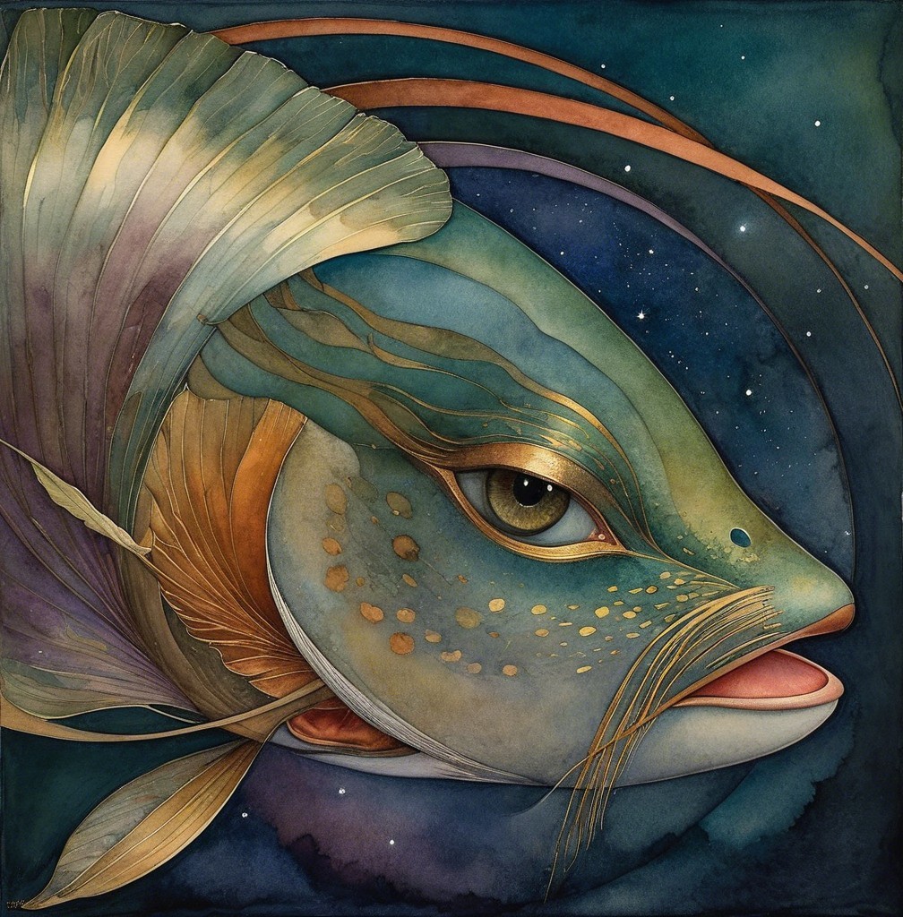 Stylized fish with shimmering scales in starry backdrop